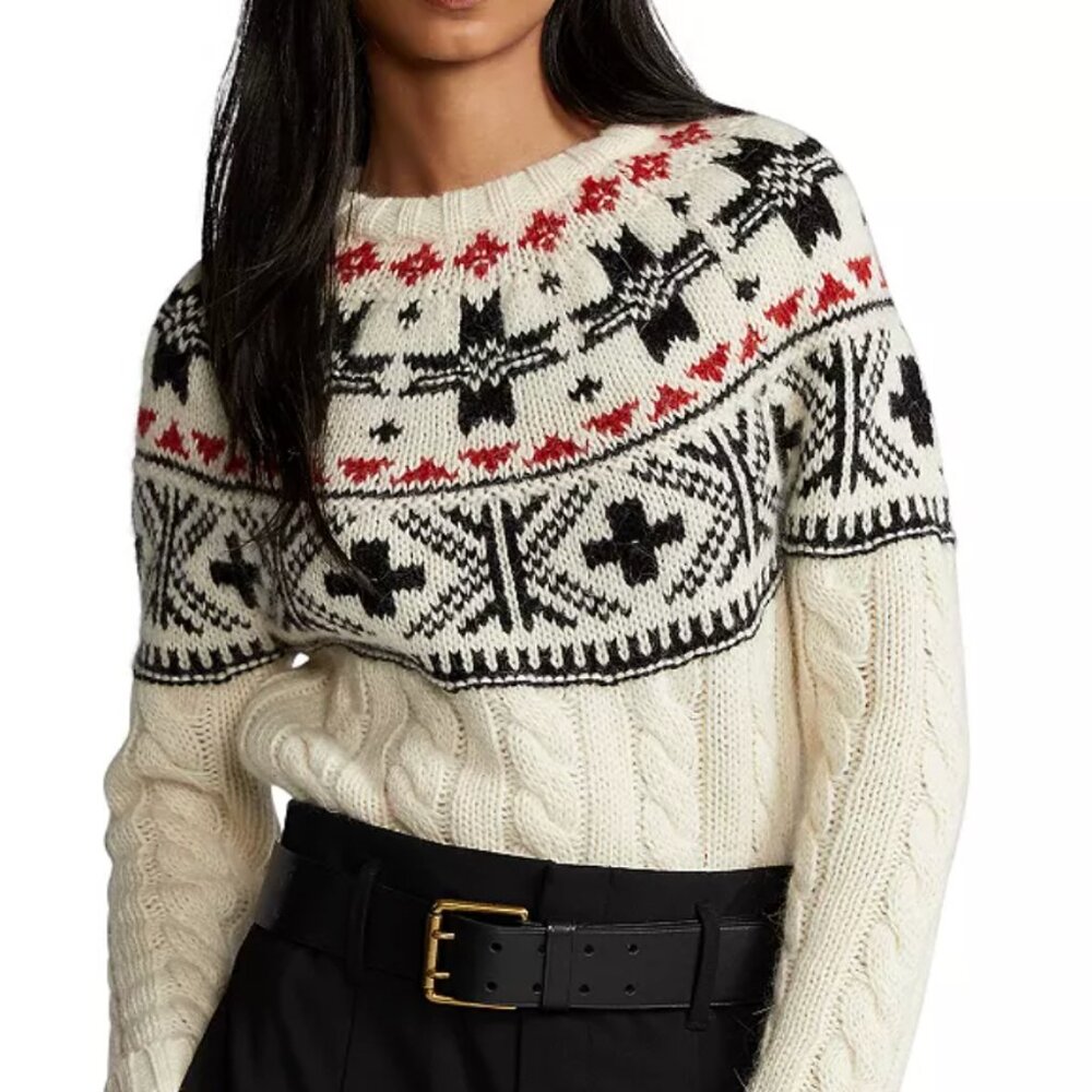NWT Polo Ralph Lauren - Fair Isle Cable-Knit Sweater - Cream/Black/Red - S/P